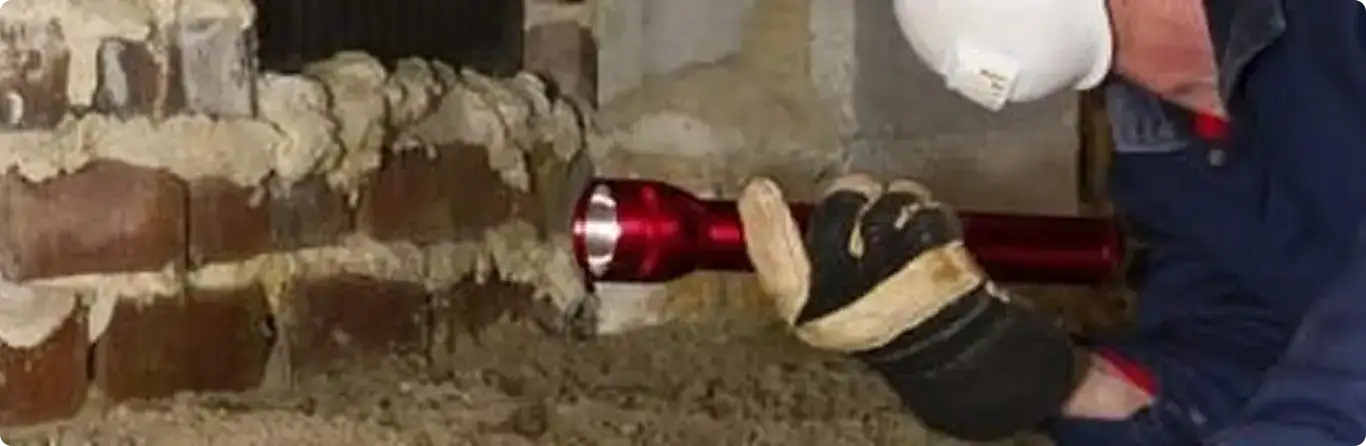 Pest control technician inspecting a crawl space for ant activity in Weehawken, NJ