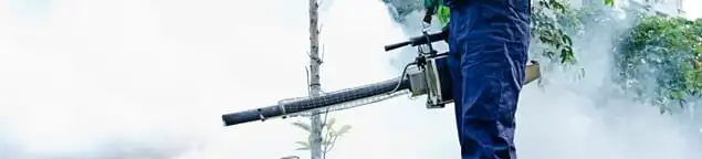 Pest control technician fogging an outdoor area for insect control in Jersey City, NJ