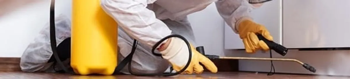 Roach exterminator treating cracks and crevices along kitchen baseboards in Jersey City, NJ